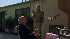 At the baby shower, Walt and Hank have a drink in the garden.