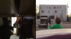 Splitscreen shot of Kim at work and Jimmy out on the street