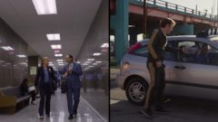 Splitscreen shot of Kim at the courthouse and Saul near an overpass